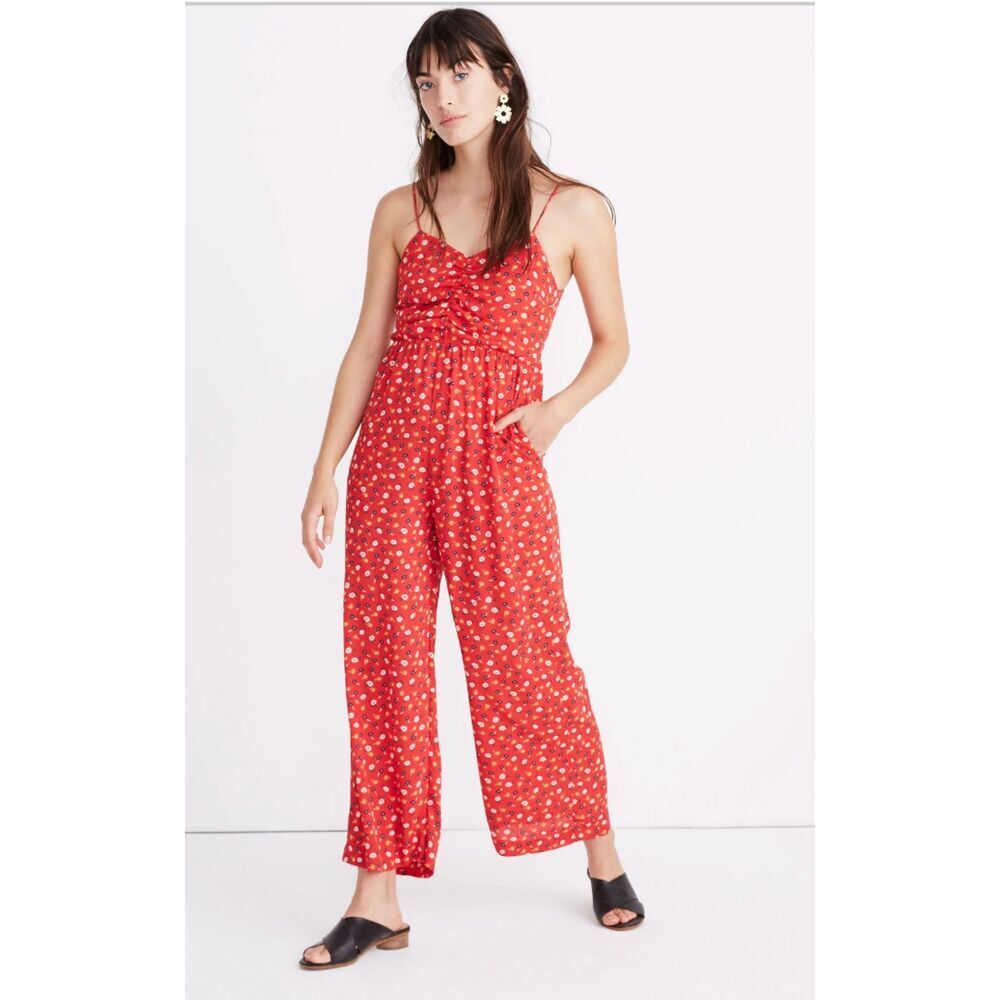 Madewell Tall Ruched Wide-Leg Jumpsuit in Prairie Floral Enamel Red Size 2